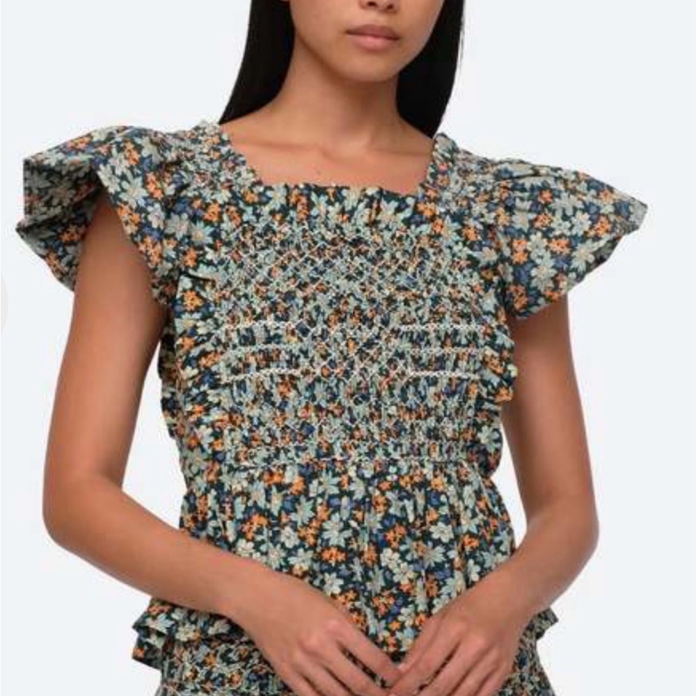 Sea New York Peggy Floral Smocked Square Neck Top - Blue Multi Peplum